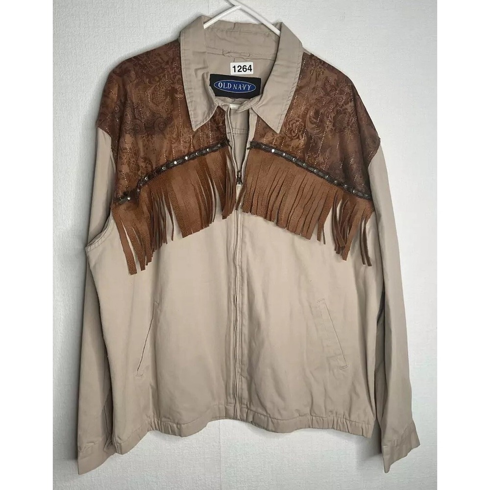 Vtg Old Navy South Western Fringe Canvas ZipUp Lightweight Barn Jacket Women XL
